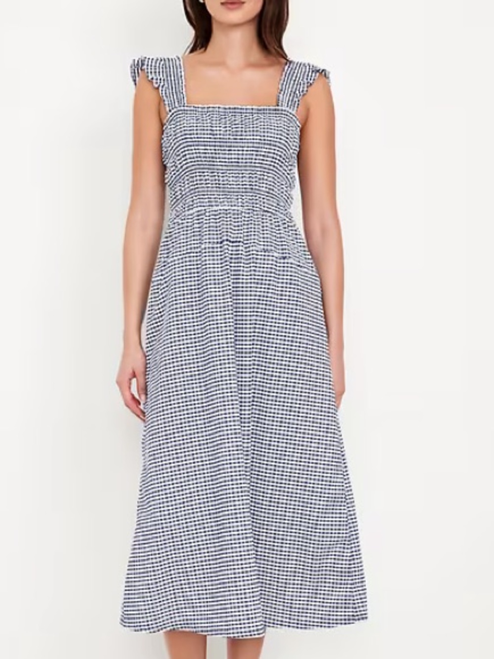 Old Navy Blue and White Gingham Smocked Midi Dress